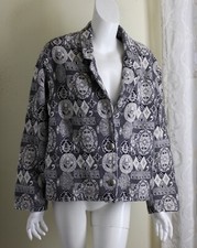 Chico's Design Sz 2 WOW L Art-to-Wear Tapestry Jacket Blazer Black White Chic