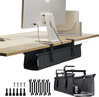 No Drill Under Desk Cable Management Tray - Premium Black Fabric, 27.3 ...