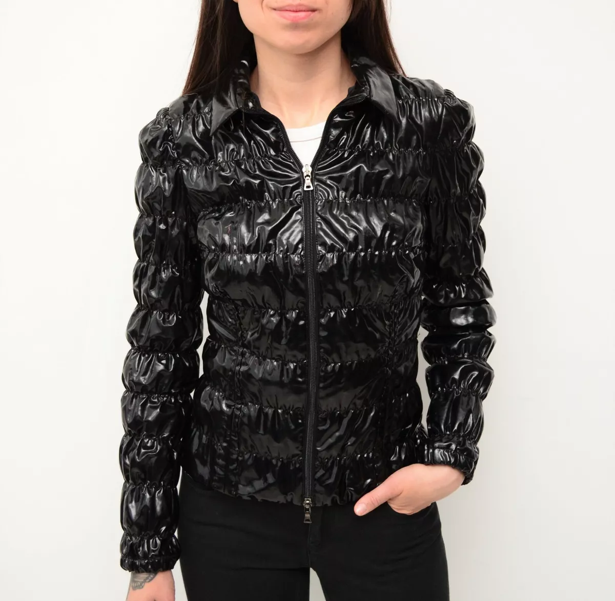 Women s Prada Y2K RARE Black Shiny Quilted Jacket Zip Stretch Size 40 US4 XS
