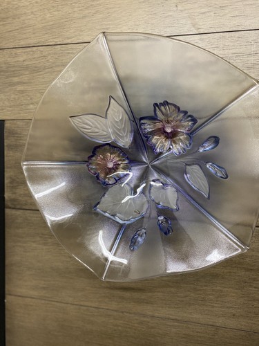 Large Mikasa Crystal Calypso 13” Serving Glass Bowl Blue Pink Floral Frosted - Picture 24 of 24