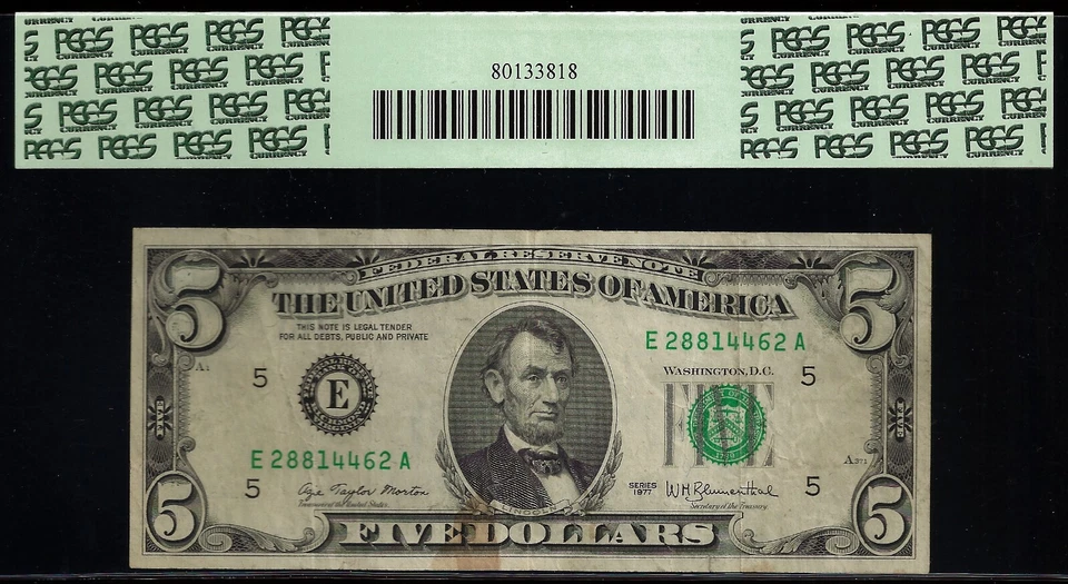 1977 $5 Federal Resereve Note PCGS 20 error note partial face to back Fr 1974-E - Image 3 of 3