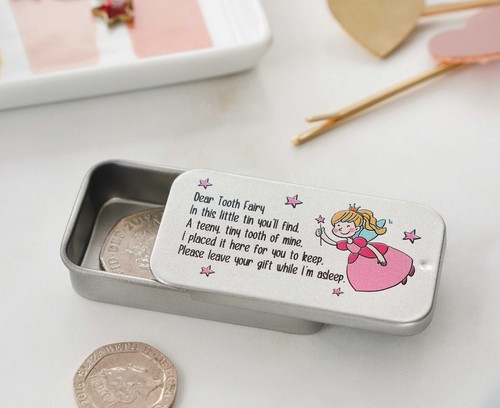 Cute Tooth Fairy Sentimental Childs Girls Boys Box Tin Gift Pink Blue Stars - Picture 4 of 5