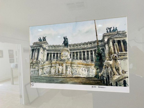 Framed Piazza Venezia Rome Print – Signed 2004 Watercolor Style – Green Frame - Picture 5 of 7