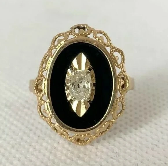 Bague ancienne en Or Jaune 18 cts /Diamant coussin sur Onyx / Réf MP2286 - Photo 2/4