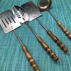 4 Vtg Utensils 2 Spatulas Slotted Spoon Ladle Stainless w Wood Handles & Hooks