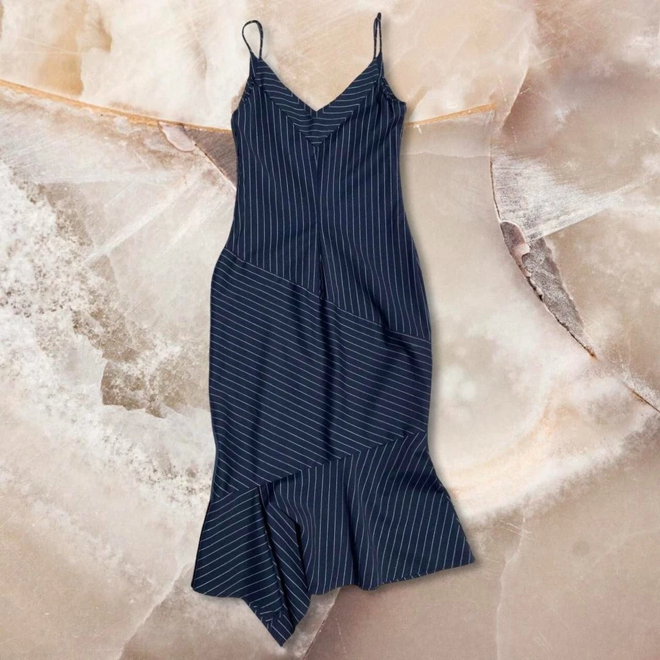 Vestido midi vintage Y2K Diane von Furstenberg azul marino a rayas dobladillo asimétrico 4 Foto 2 de 4