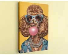 Hipster Poodle Canvas Handcrafted Bubble Gum Blue Glasses Animal Art