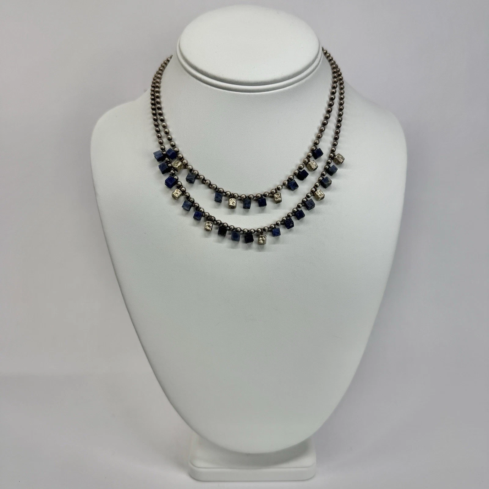 RALPH LAUREN Lapis Beaded Two-Layer Silver Tone Vintage Necklace Jewelry N588