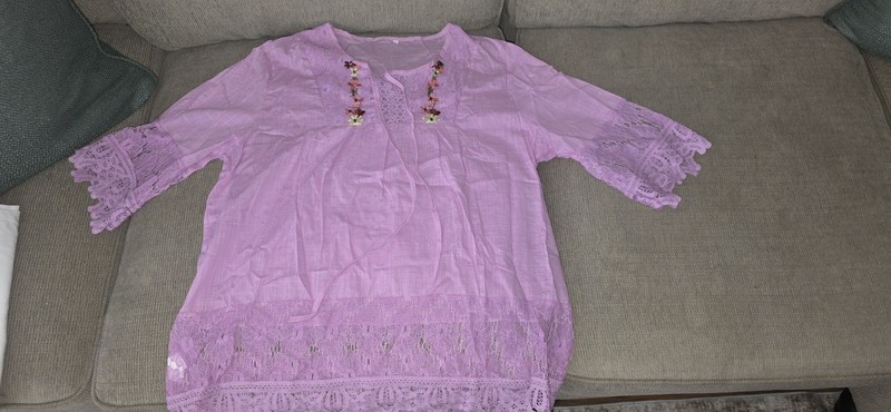 Girls Purple Floral Embroidered Lace V-Neck 3/4 Sleeve Tunic Blouse 11