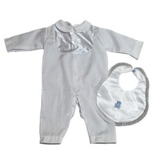 Vintage White Pinstripe Bowtie Infant Romper Lace Trim Bib Set Blue Teddy Bear