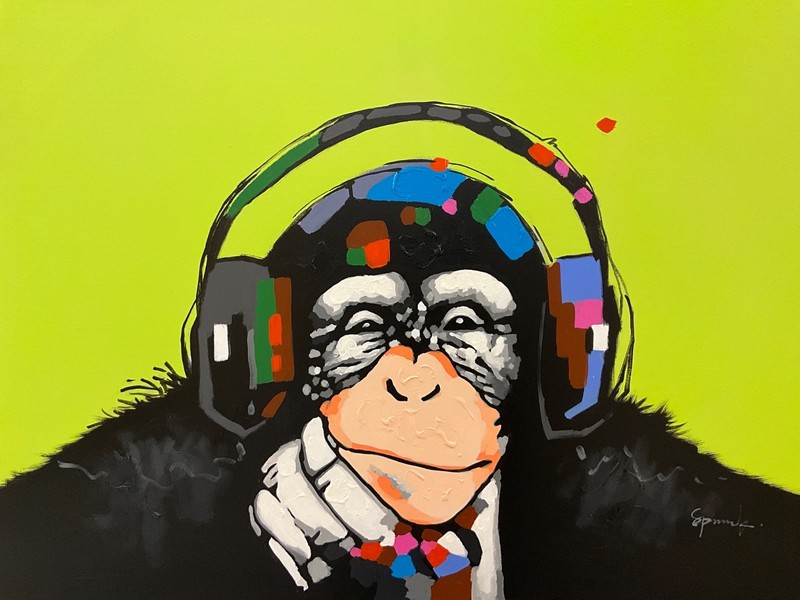 UNSTRETCHED Oil Painting 36x48” Monkey wearing headphones modern art, colorful