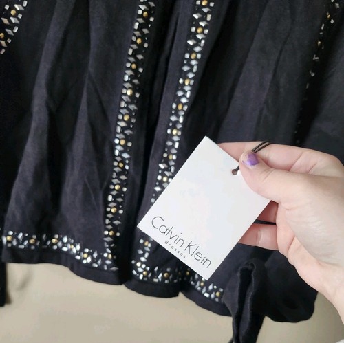 NWT Calvin Klein Women's Black Cropped Cardigan with Rhinestones Size Large - Picture 7 of 9