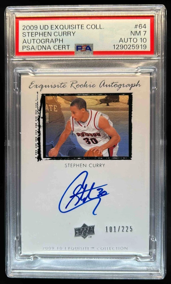 2009-10 Upper Deck Exquisite Collection Stephen Curry radiocontrol automático #/225 PSA 7 10