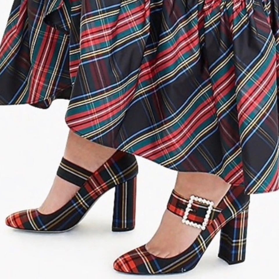 J. Crew Sz 7 Red Tartan Plaid Mary Jane Embellished Heels - image 2 of 4
