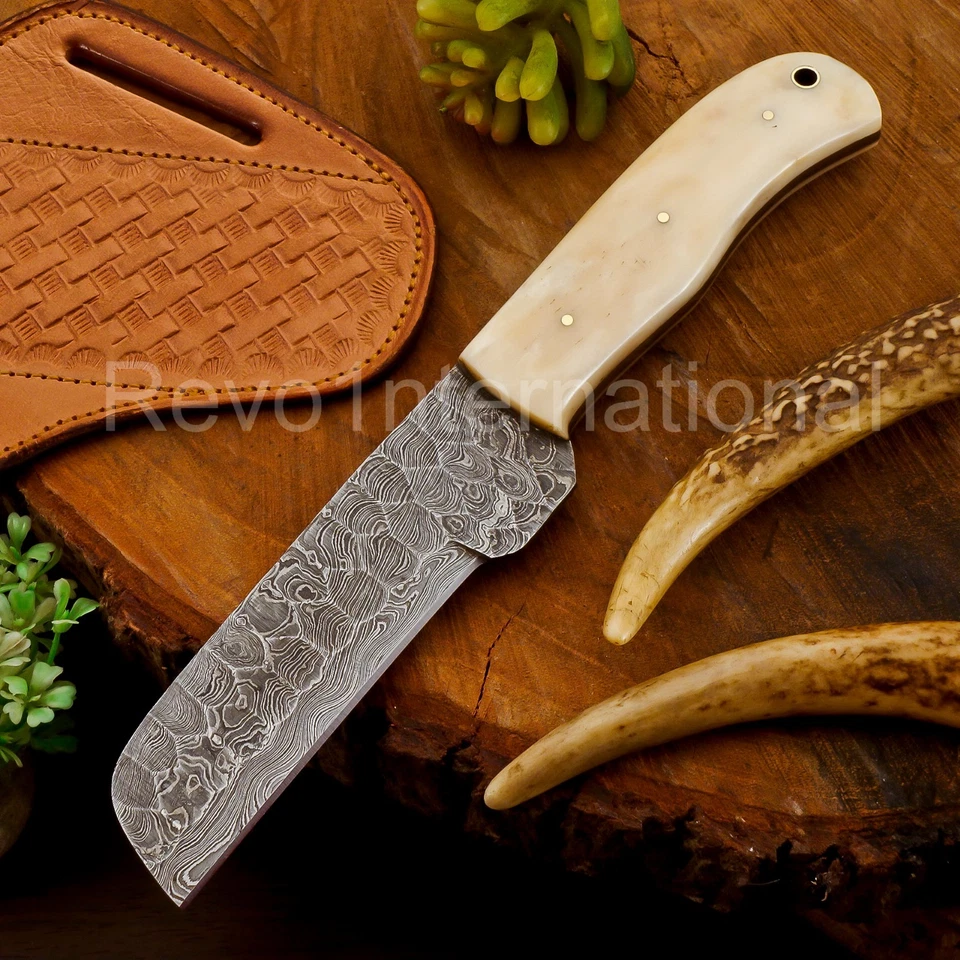 Cuchillo cortador de toro vaquero Damasco hecho a mano con mango de hueso y funda para panqueques 477 Foto 3 de 4