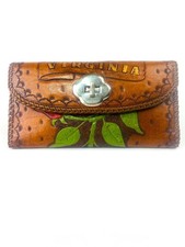 Vintage Hand Tooled Leather Wallet Virginia Souvenir Tooled Rose Ostrich Print