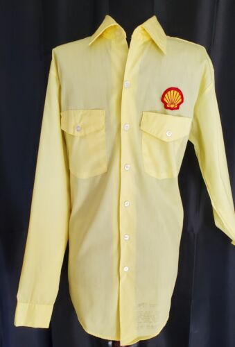Vintage Mens Shell Gas Station Oil Co. Yellow Uniform Shirt Sz L - Afbeelding 1 van 6