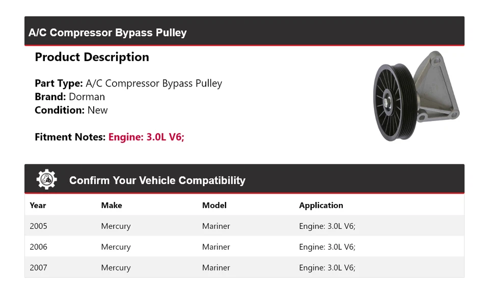 Polea de derivación del compresor de aire acondicionado Dorman V6 3,0 L Mercury Mariner 2005-2007 2006 Foto 2 de 4