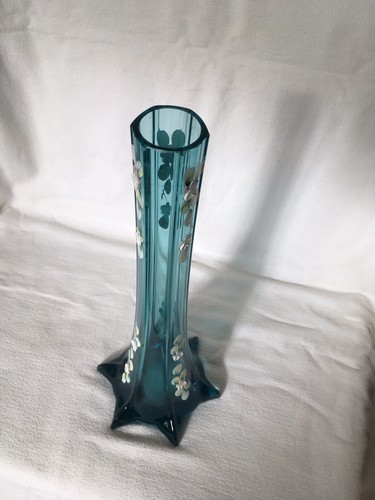 Bohemia Art Glass Tall Fluted Vase Applied Enamel Flowers 6 Pointed Base 11 3/4” - Picture 8 of 12