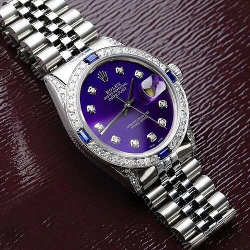 36 mm Rolex Datejust Purple Dial with Sapphire & Diamond Bezel Steel Watch - Picture 3 of 9