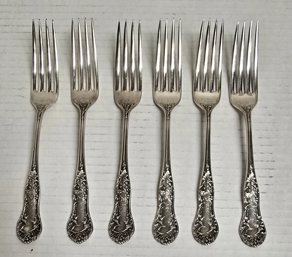 Juego de seis (6) horquillas chapadas en plata Holly Pat. Art Nouveau 1904 con monograma Foto 4 de 4