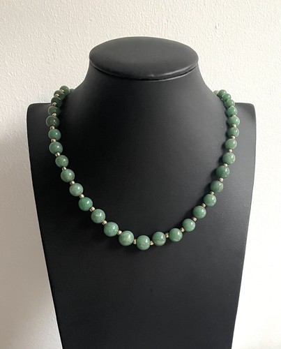 Antique Gold Plated Green Nephrite Jade Graduated Necklace 19.3" - Picture 2 of 4