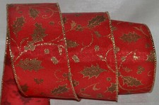 Wired Ribbon Christmas Holly Gold Sparkle Swirl Holiday Red 2.5" Wreath Gift Bow