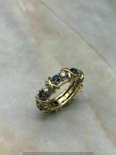 0.75 Ct Lab Created Blue Sapphire Diamond Band Ring 925 Sterling Silver Plated - 第 1/8 張圖片