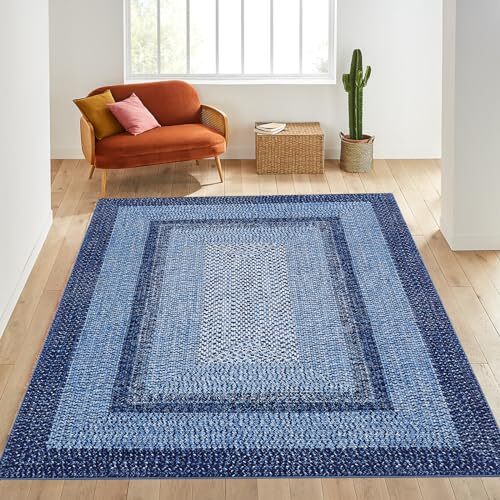 10x13 Large Living Room Rug Braided Print Rug Boho Accent Throw 10' x 13' Navy - Picture 5 of 8