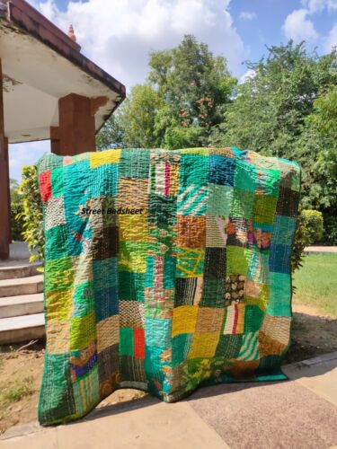 Indian Silk Kantha Quilt Handmade Sari Patchwork Bedspread Blanket Throw - Picture 26 of 77