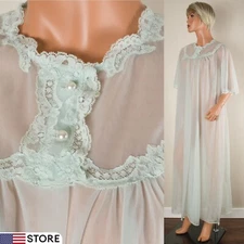 💖 SHADOWLINE Double Chiffon Mint Green Peignoir Robe Gown Nylon Full Length S