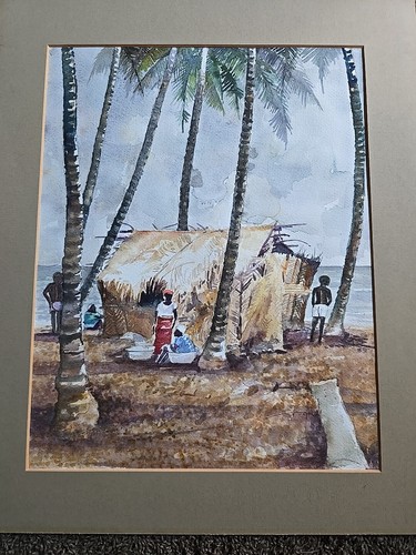 Acuarela Original Augustine Gokah "Relájate y Espera" Ghana Escena Raro Arte Firmado - Imagen 1 de 8