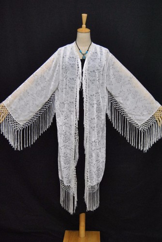 Kimono blanches de Veste kimono franges gypsy velours à dévoré et plumeau TStqCw