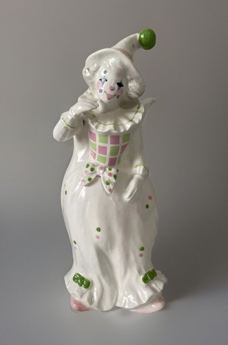Vintage Happy Adorable Clown Ceramic Vase White Pink Green 8.25” Tall 3” Wide