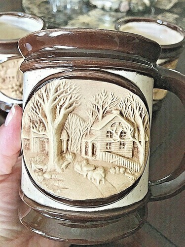 3} VINTAGE 1980 GLAZED STONEWARE COFFEE MUGS/ STUDIO ART 3-D MOLDS HAND PAINTED - Picture 13 of 22