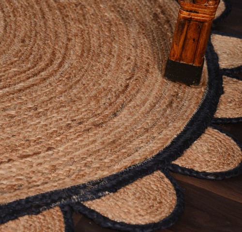 Scalloped Jute Round Yoga Mat Beige Colour Rug With Black Border Vintage Rugs - Picture 4 of 8