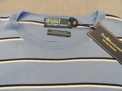 RALPH LAUREN Mens LITE BLUE STRIPED PIMA COTTON LIGHTWEIGHT SWEATER NWT M $125 - Picture 4 of 6