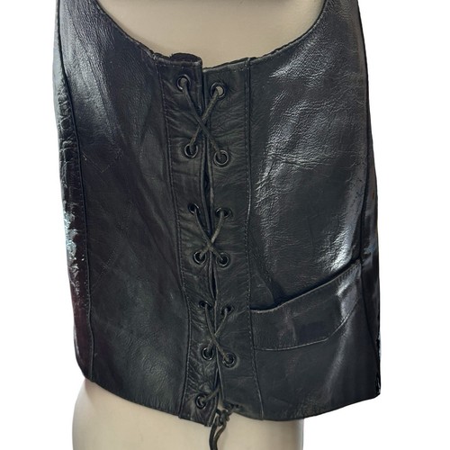UNIK Men's Black Leather Motorcycle Vest Sz 42 Snaps Lace-Up Sides Pockets Biker - Picture 14 of 19