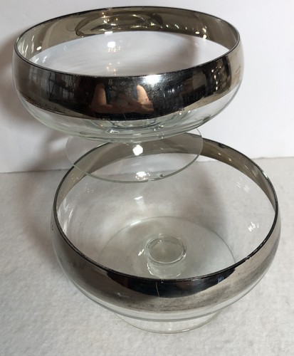 MCM Dorothy Thorpe? Clear Glass Berry Bowls Silver Band Footed Compotes Set of 6 - Picture 7 of 7
