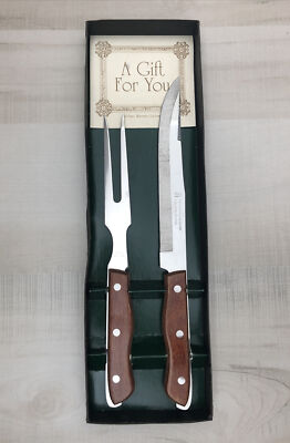 Vintage 1980s Maxam Carving Fork Knife Set Stainless Steel Japan Open Box