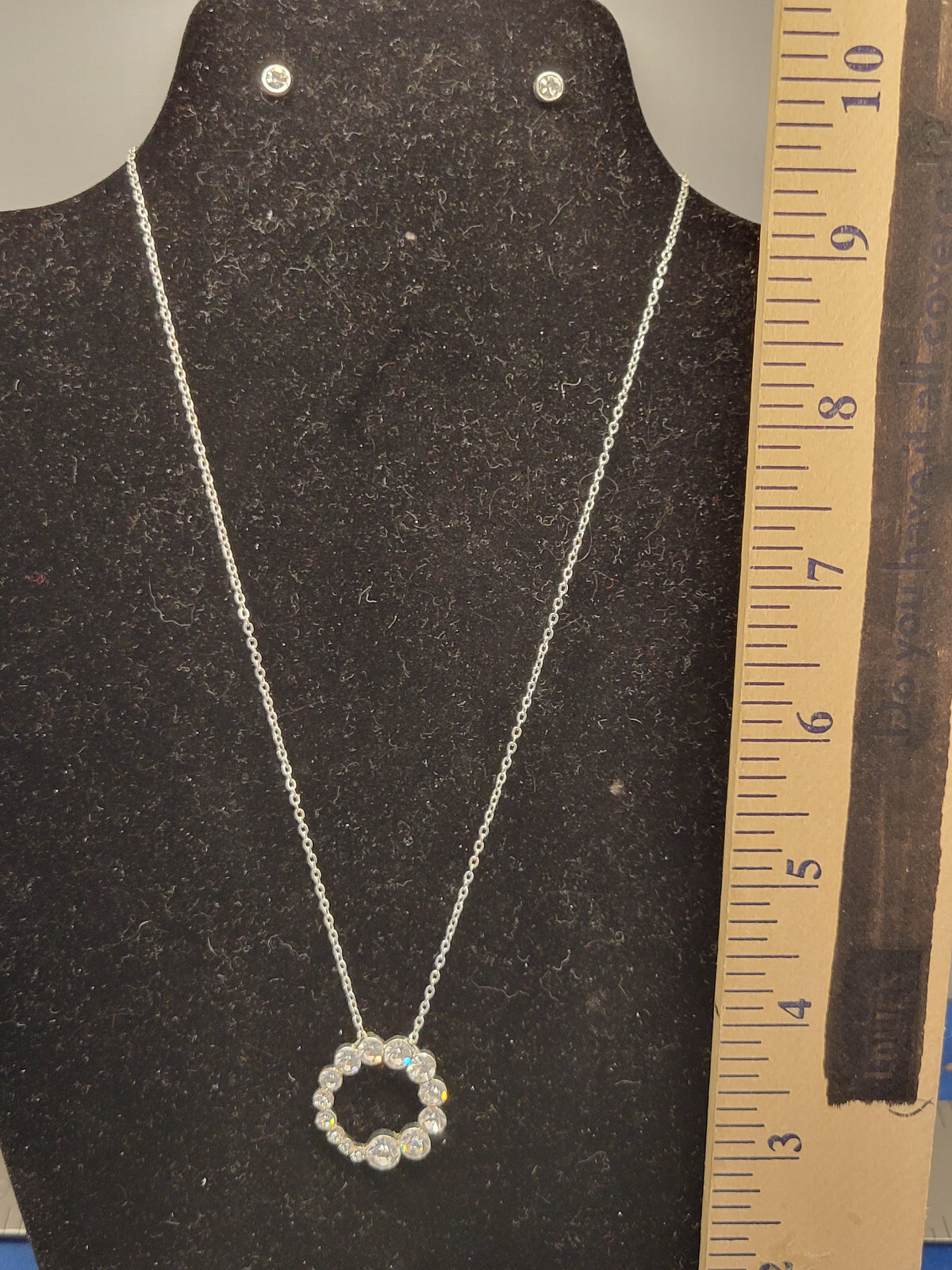 Silver Rhinestone Necklace & Stud Earrings Set - 14 Stones, 18in, 115g-image