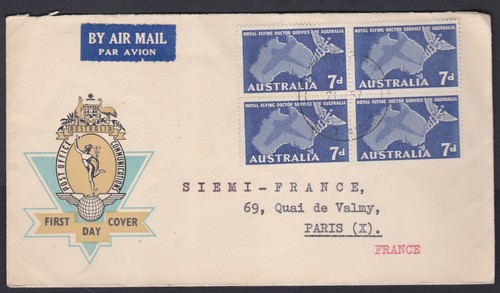 1957 Australia RFDS Royal Flying Doctor Service Block of 4 Hermes FDC to France  - Picture 1 of 3