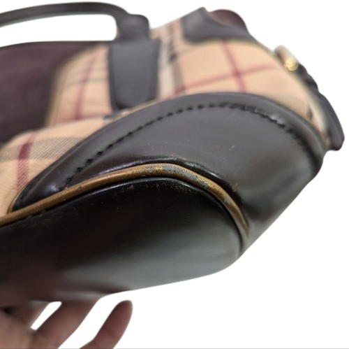 Authentic Burberry Check Suede Leather Satchel Tote Bag Black Brown Plaid - Picture 4 of 15