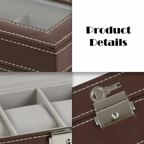 6 Gitter Uhren Organizer Uhrenbox PU Leder Uhrenaufbewahrungsbox abschließbar braun - Bild 6 von 7