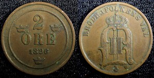 SWEDEN Oscar II Bronze 1896  2 Ore Large Letters XF Toned KM# 746  (23 118)