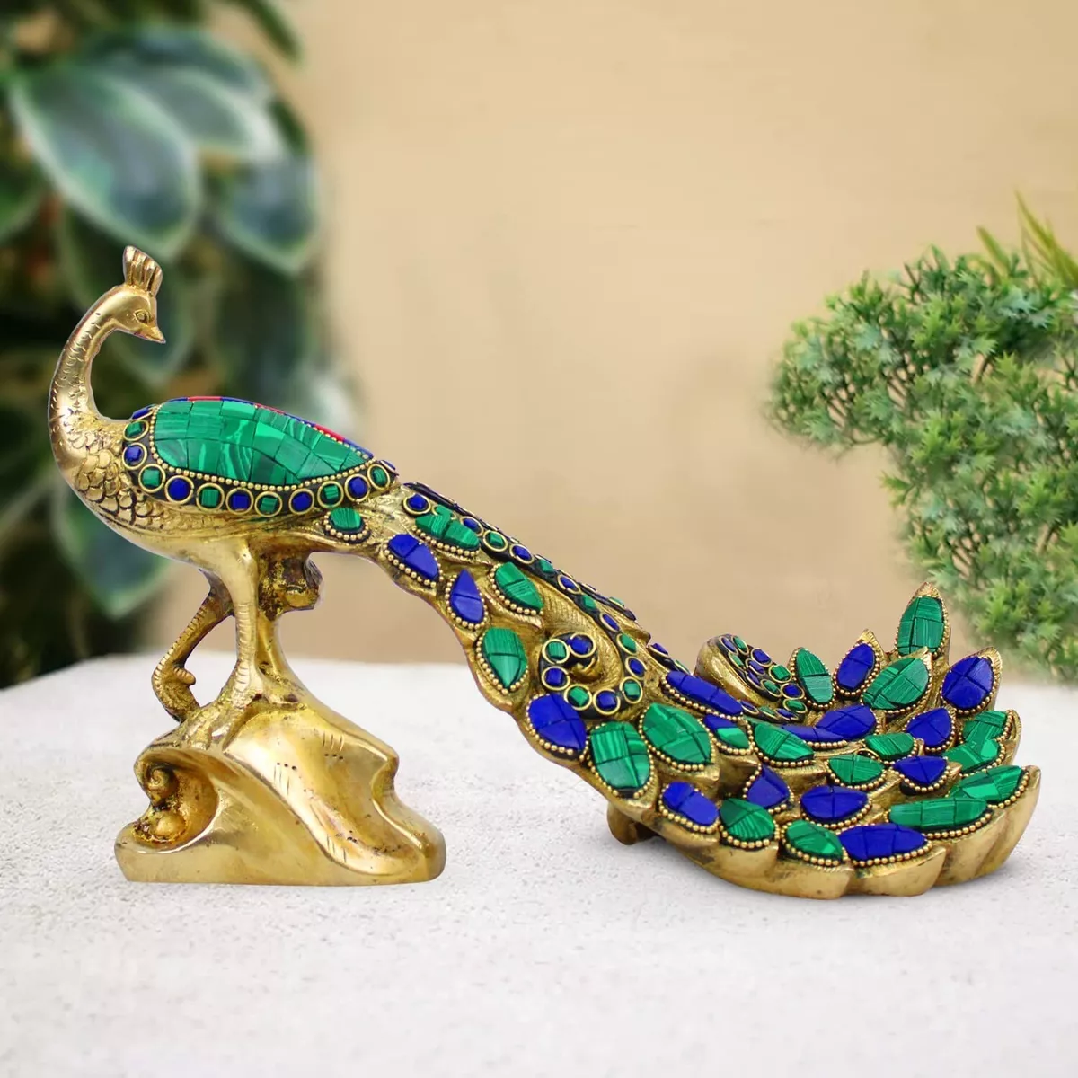 Brass Unique Home Decor Item Peacock Idol for Home Decor Multicolor Blue Green