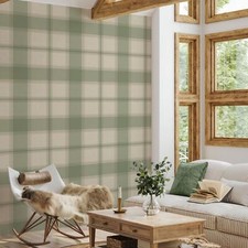 Carmella Tartan Check Wallpaper 7159 Green Textured Hessian Vinyl Belgravia