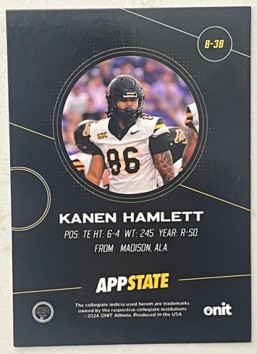 Kanen Hamlett 86 Appalachian State Mountaineers Football TE OnIt Athlete RC B-38 - Bild 2 von 12