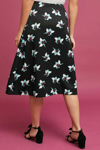 Anthropologie High Waist Floral Midi Skirt 4 Black A-Line Lace-Up Maeve Blue - Picture 4 of 9