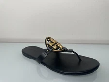 NEW $248+  Tory Burch Metal Miller Soft Black Leather Thong Sandal Flat  Sz 10